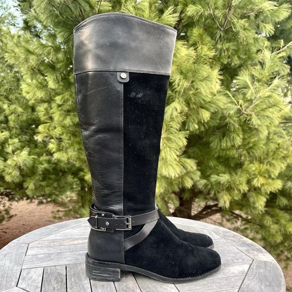 Vince Camuto Jaran Riding Boot Womens 7 Tall Black Leather Suede Silver Hardware
